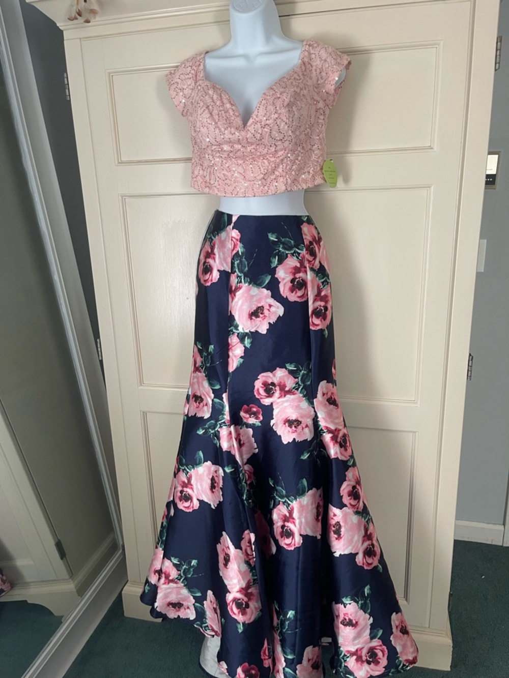 Two-Piece Floral Evening Dress - Pink Lace Sequined Top & Navy Floral Skirt